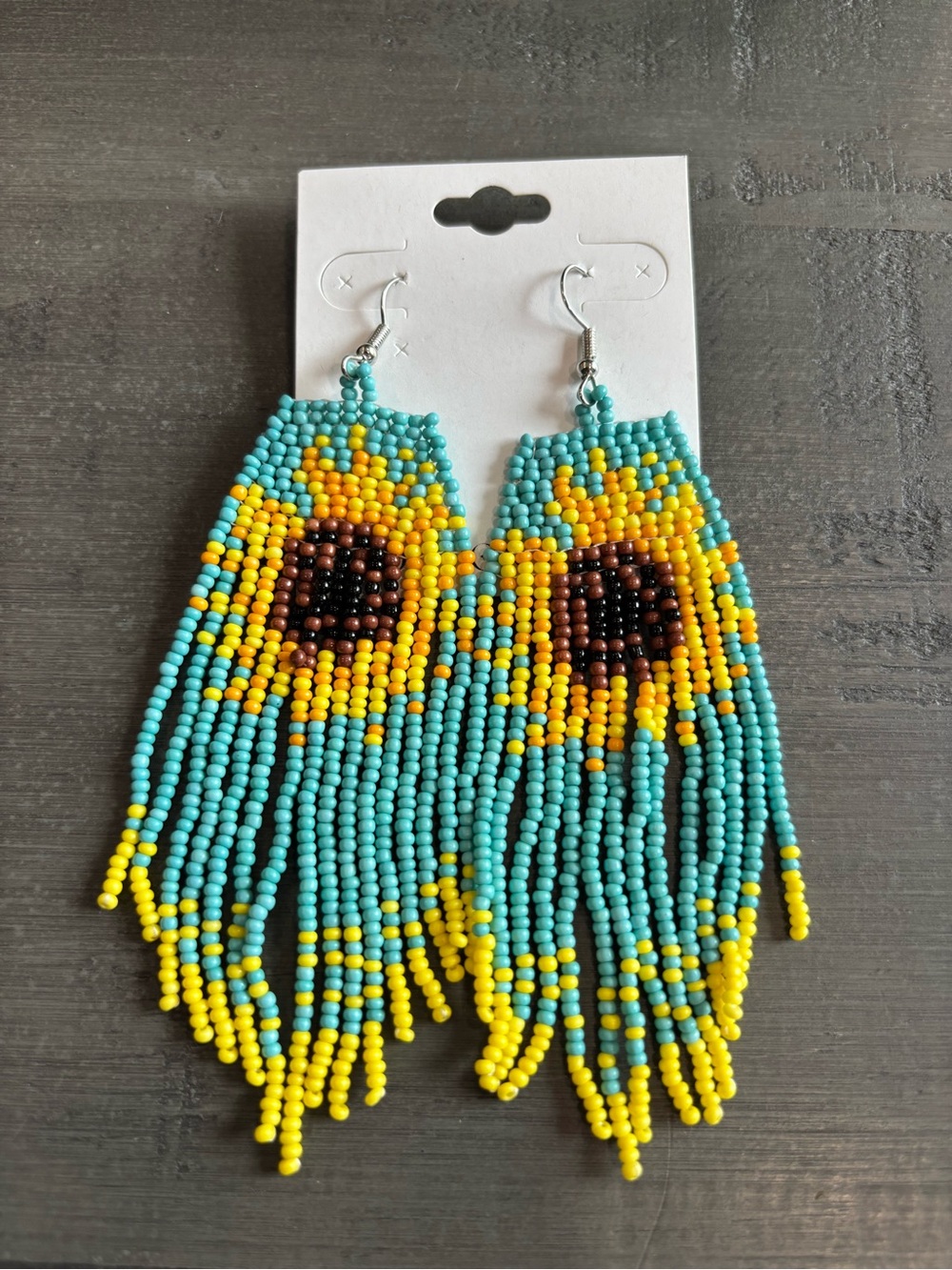 Handcrafted Turquoise & Yellow Beaded Sunflower Fringe Earrings